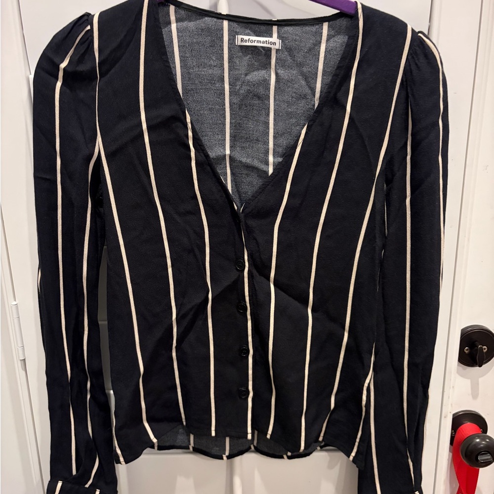 Reformation Navy and Cream Striped Blouse